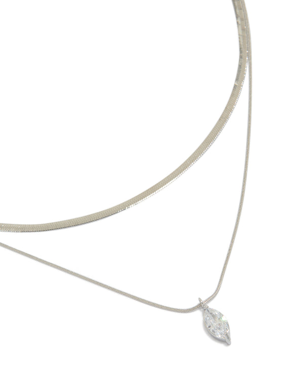 Discover a waterproof stainless steel marquise cubic zirconia and snake chain necklace in silver with crystal close up view