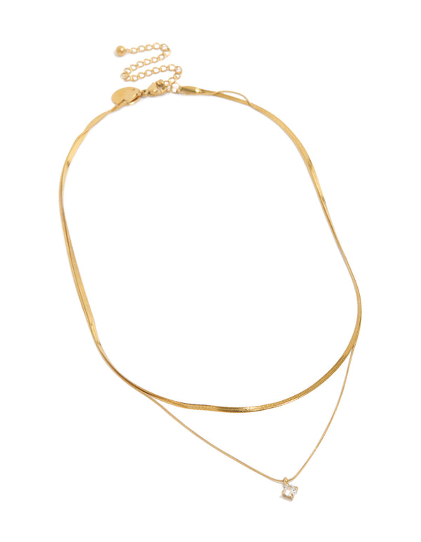 Elegant waterproof layered necklace featuring a snake chain, round cubic zirconia, and a dainty gold plated stainless steel design, front view