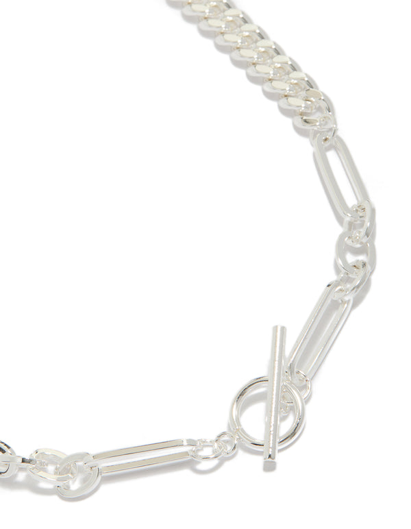 Showcasing a waterproof stainless steel long curb chain toggle necklace crafted from silver plated material in dainty style close up view