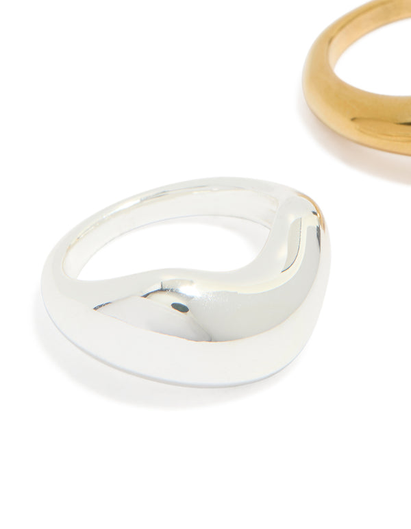 Showcasing waterproof gold and silver plated stainless steel organic bubble rings 2-pack close up view