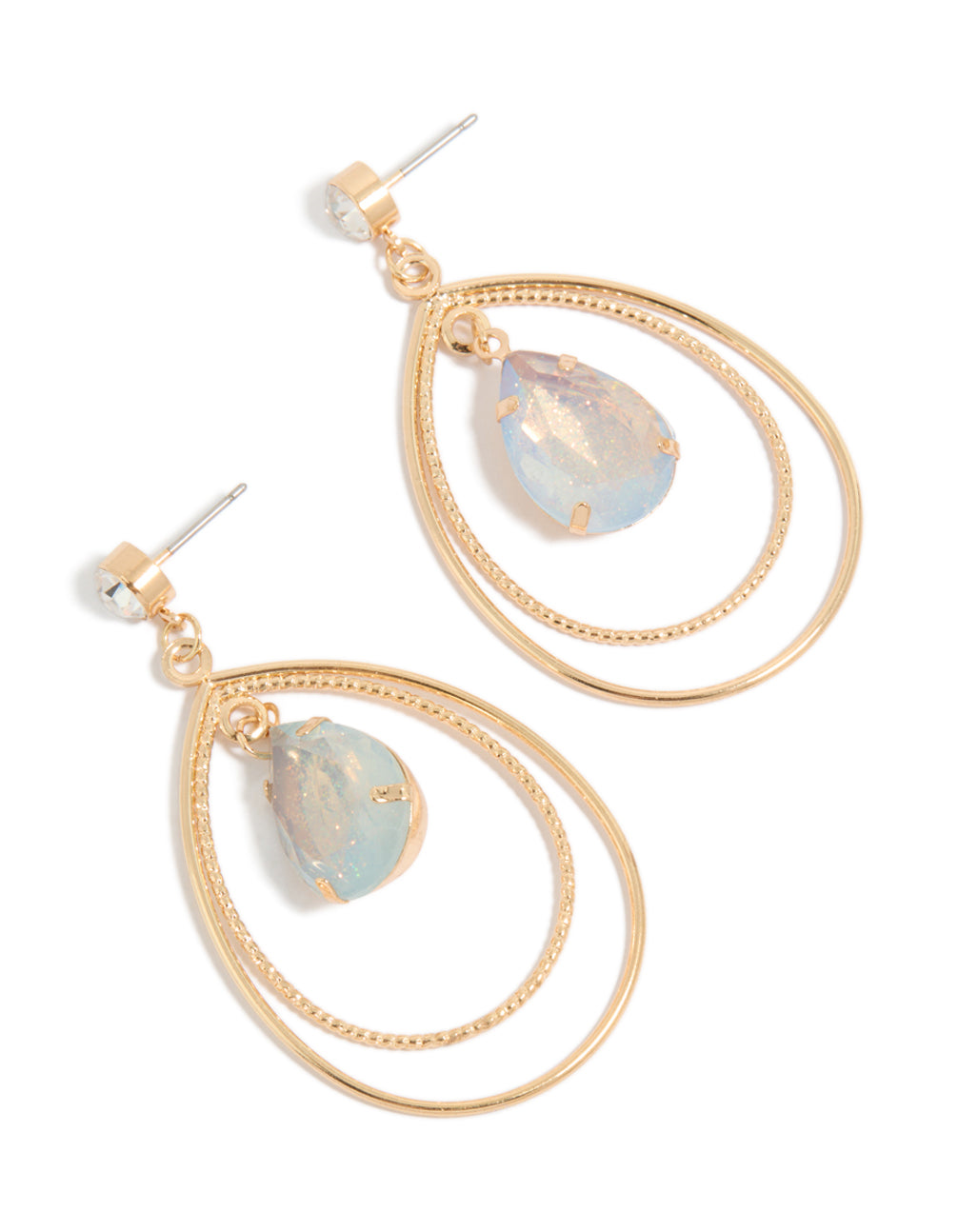 Showcasing teardrop layered drop earrings with glitter detailing in gold and statement styling front view
