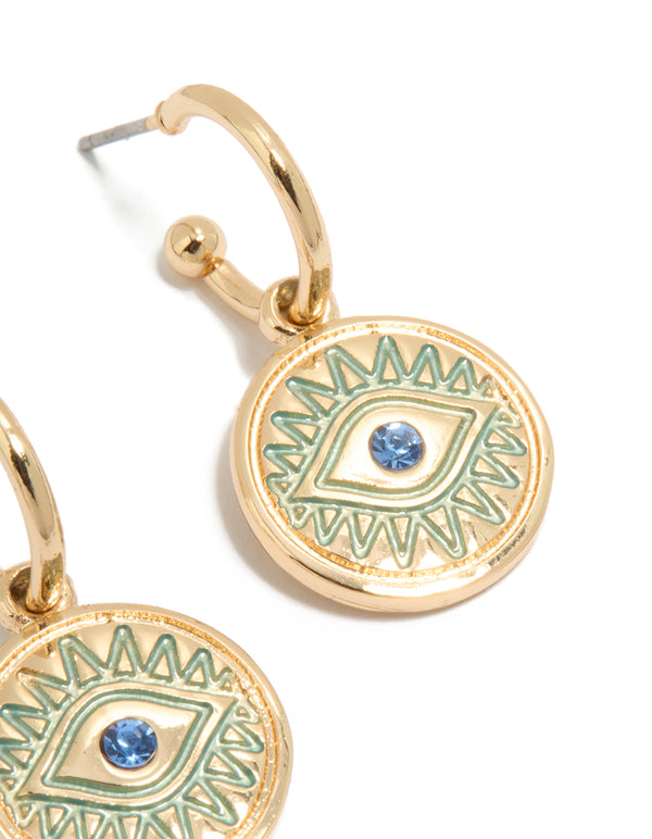 Designed with gold, this dainty evil eye pendant huggie earrings features turquoise dodgerblue accents post detail view