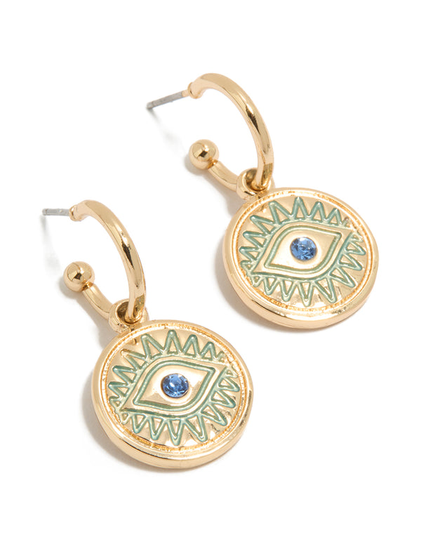 Showcasing dainty gold evil eye pendant huggie earrings featuring huggie closure in turquoise dodgerblue accents front view