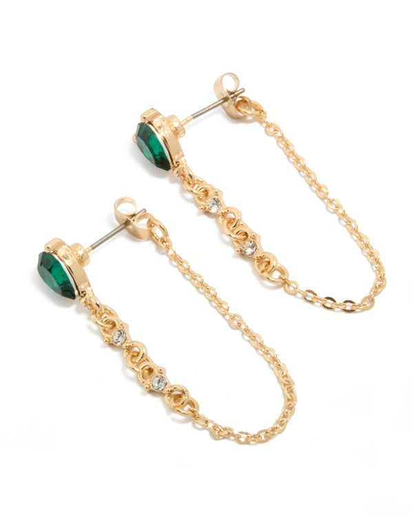 Showcasing gold green diamante chain stud earrings featuring in clear accents front view