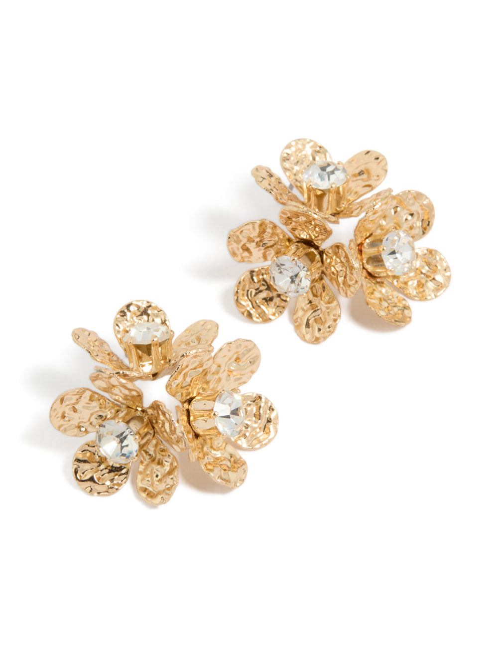 Showcasing gold diamante and molten flower stud earrings with clear accents front view