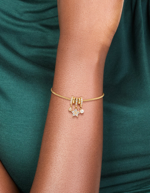Gold Plated Cubic Zirconia Flower & Pearl Rondell Charms Toggle Bracelet