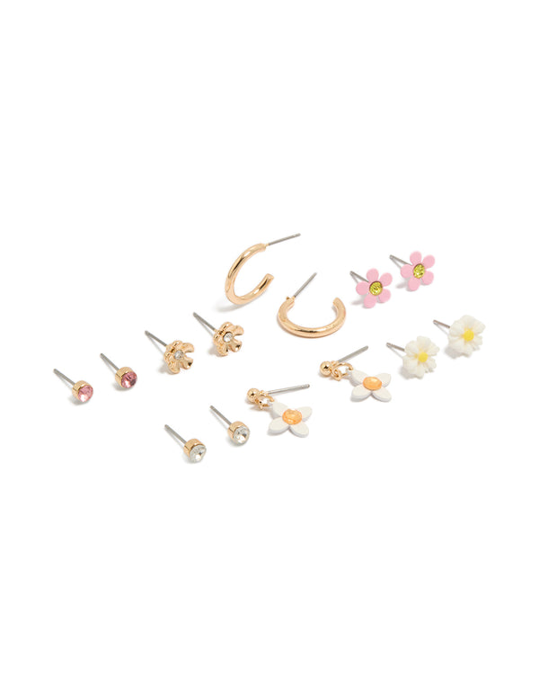 Featuring gold diamante and floral stud earrings in an 8-pack with pink, white accents front view