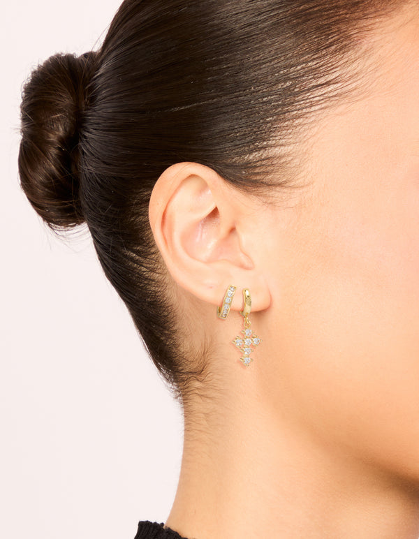 Gold Plated Brass Cubic Zirconia & Cross Huggie Earrings 2-Pack