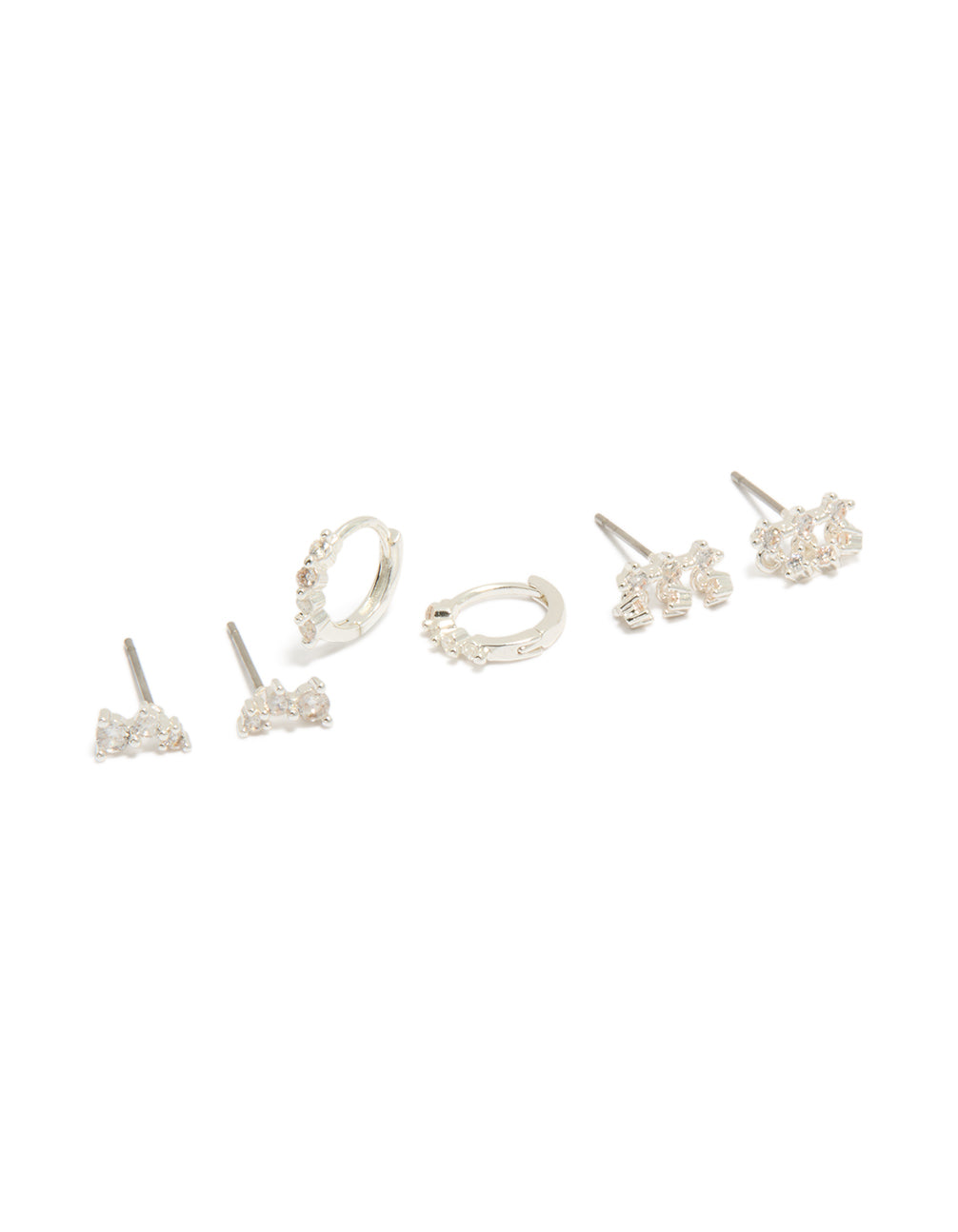 Showcasing dainty silver plated cubic zirconia mini trio stud and huggie earrings in a 3-pack front view