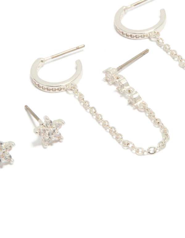 Crafted with dainty and floral, cubic zirconia stones, stud hoop closures in silver plated mini pack close up view