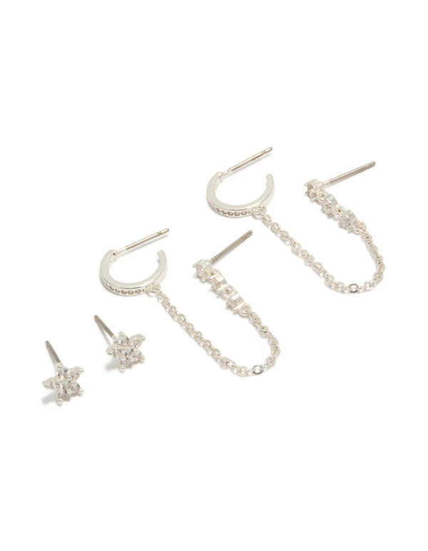 Featuring dainty with floral, cubic zirconia stones, and stud hoop closures in silver plated mini pack front view