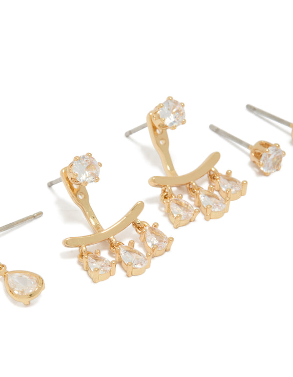 Gold Plated Cubic Zirconia Pear & Ear Jacket Studs 3-Pack