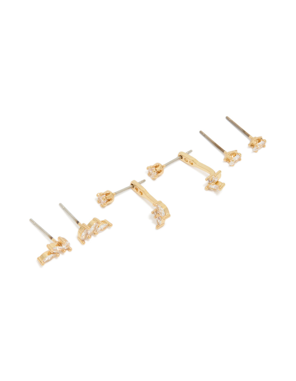 Showcasing gold plated cubic zirconia vine and ear jacket studs in a 3-pack featuring leaf design with marquise stone cut and stud closure front view