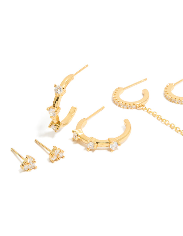Gold Plated Cubic Zirconia Studs & Hoop Earrings 4-Pack
