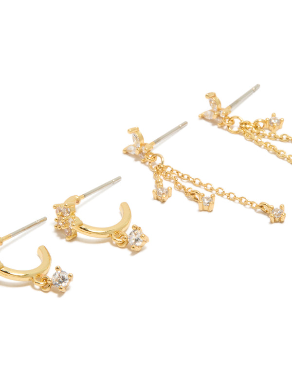 Designed with gold plated cubic zirconia butterfly chain and stud earrings 3-pack featuring charm and huggie closure close up view