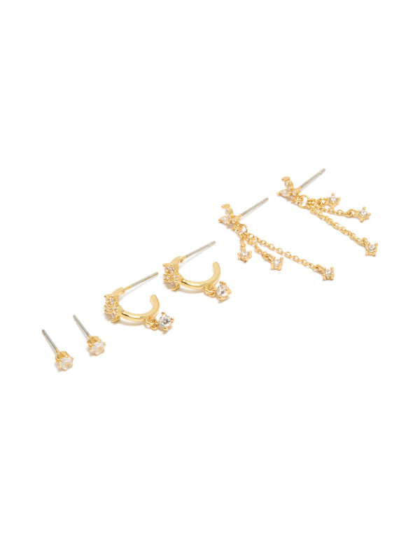 Showcasing gold plated cubic zirconia butterfly chain and stud earrings 3-pack with charm featuring huggie closure front view