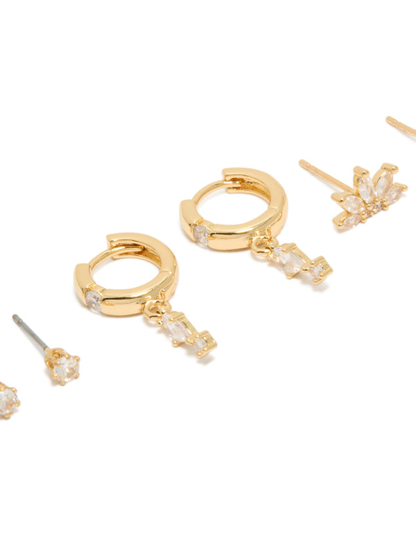 Designed with gold plated cubic zirconia studs and marquise fan earrings 3-pack with huggie closure close up view