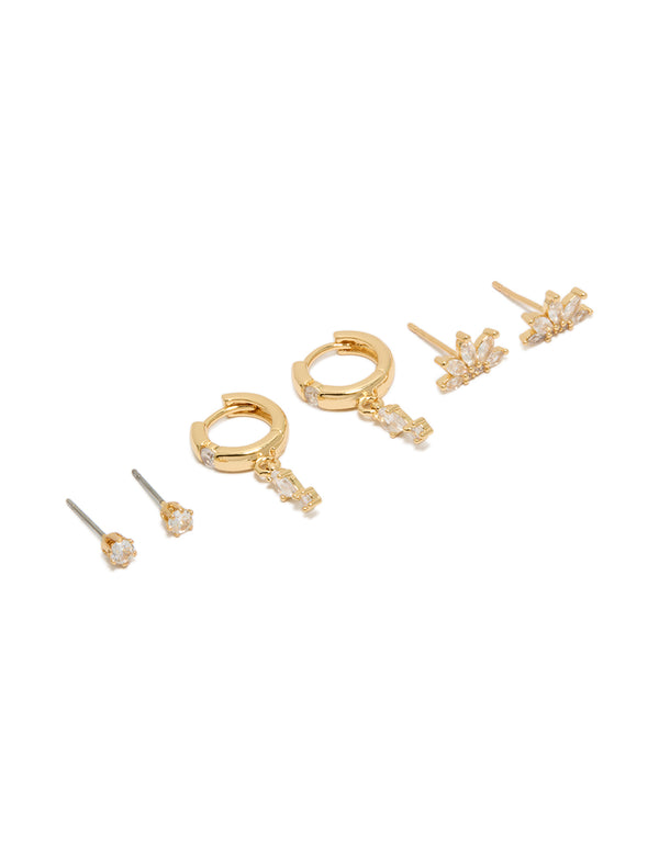 Showcasing gold plated cubic zirconia studs and marquise fan earrings 3-pack with huggie closure front view