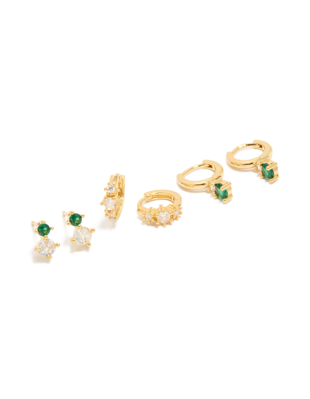 Showcasing gold plated green and clear cubic zirconia stud and huggie earrings in a 3-pack front view
