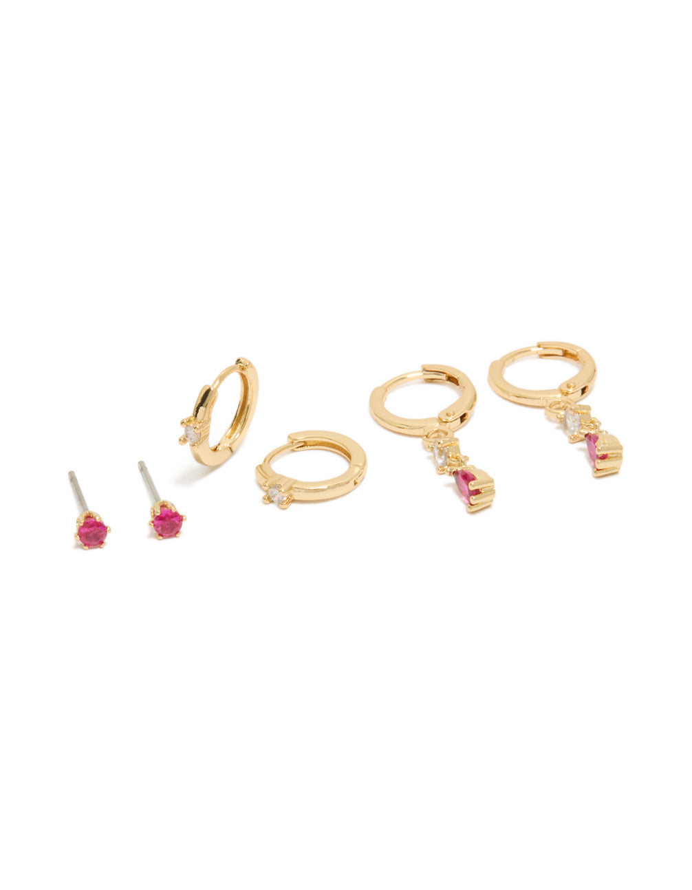 Showcasing dainty gold plated dark pink cubic zirconia studs and huggie earrings in a 3-pack with crystal features front view