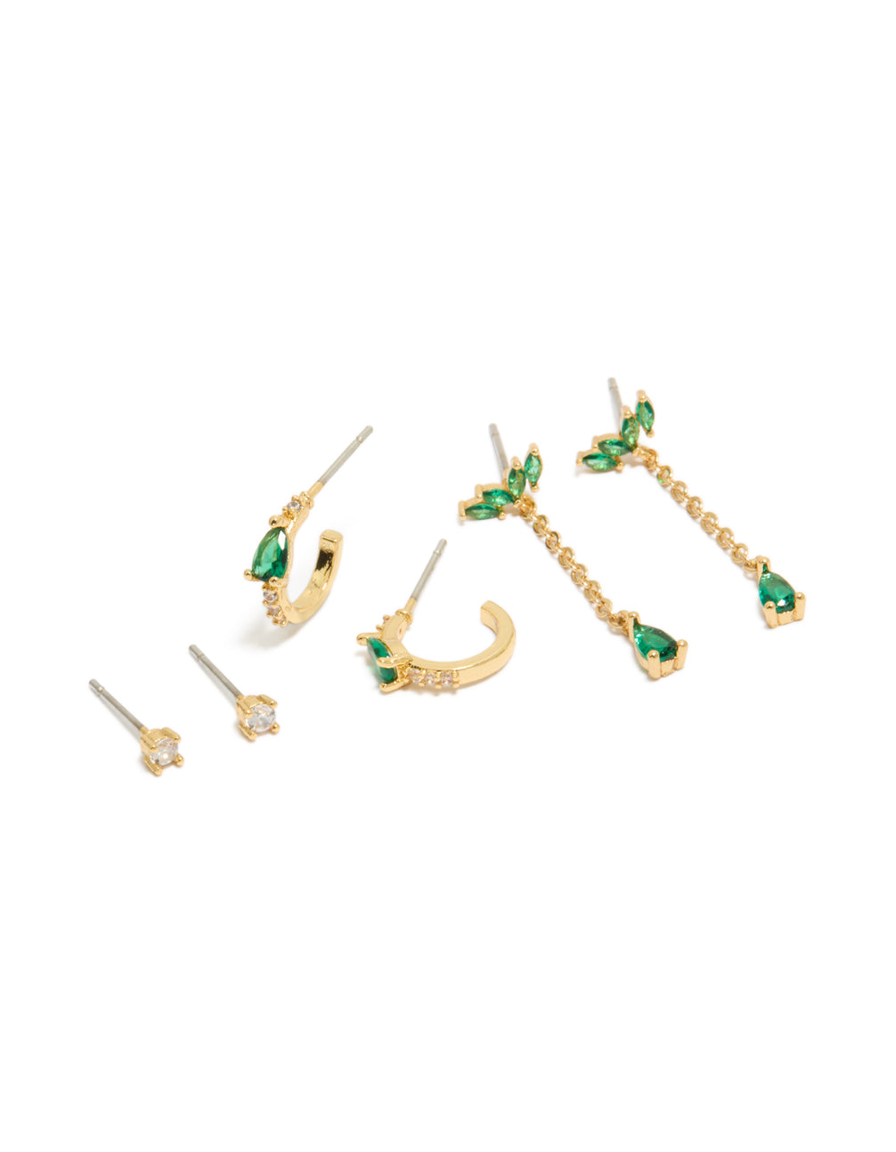 Showcasing a statement 3-pack featuring pear, marquise, and oval stone cut cubic zirconia with crystal accents, hoop and stud closures in gold, clear, and green front view