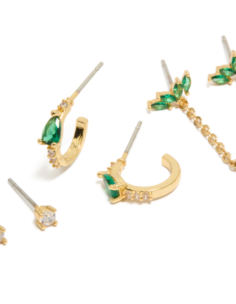 Featuring gold plated clear and green cubic zirconia pear chain and stud earrings 3-pack with statement, marquise, oval stone cut crystal star accents, hoop and stud closures in white close up view