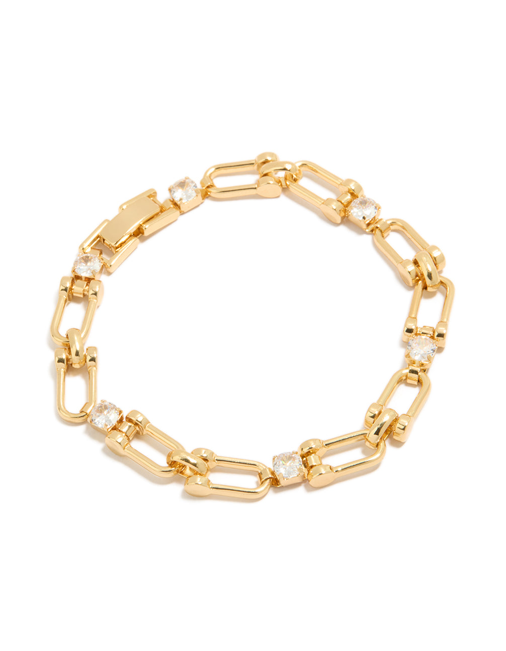 Beautifully crafted gold plated brass cubic zirconia padlock bracelet in statement style front view