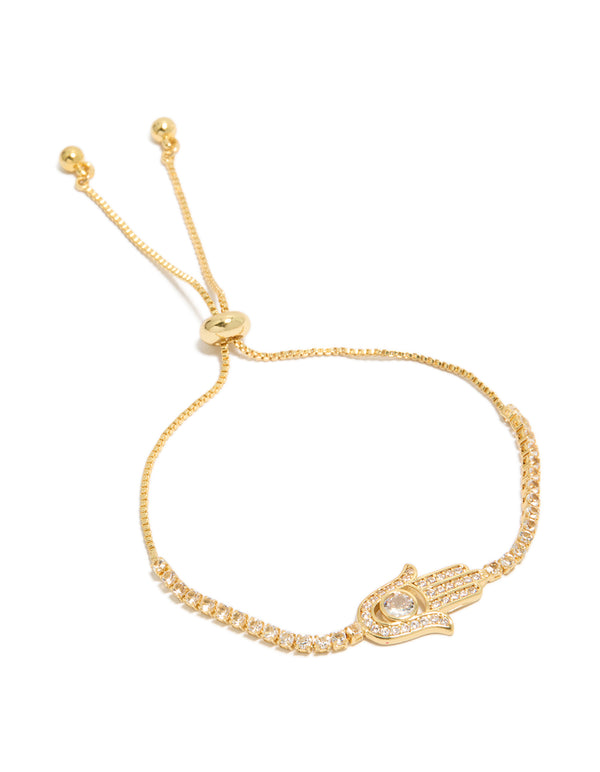 Showcasing a gold plated cubic zirconia hamsa hand toggle bracelet with statement style front view
