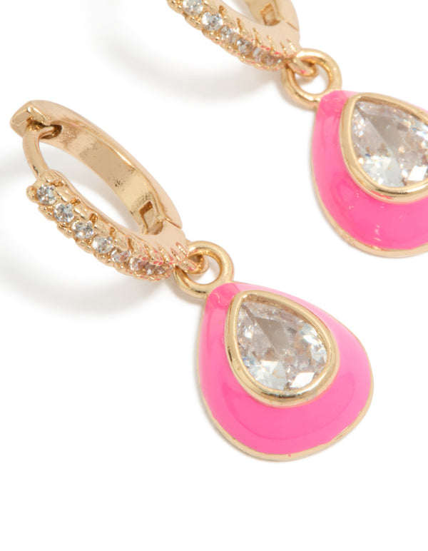 Gold Cubic Zirconia Pink Enamel Outer Oval Huggie Earrings