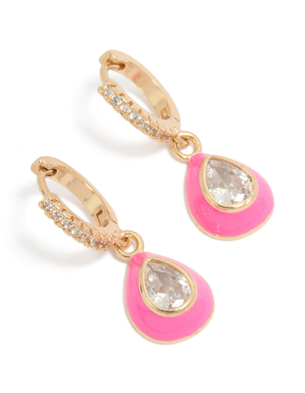 Gold Cubic Zirconia Pink Enamel Outer Oval Huggie Earrings