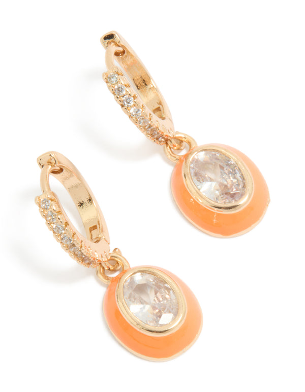 Gold Cubic Zirconia Orange Enamel Outer Oval Huggie Earrings