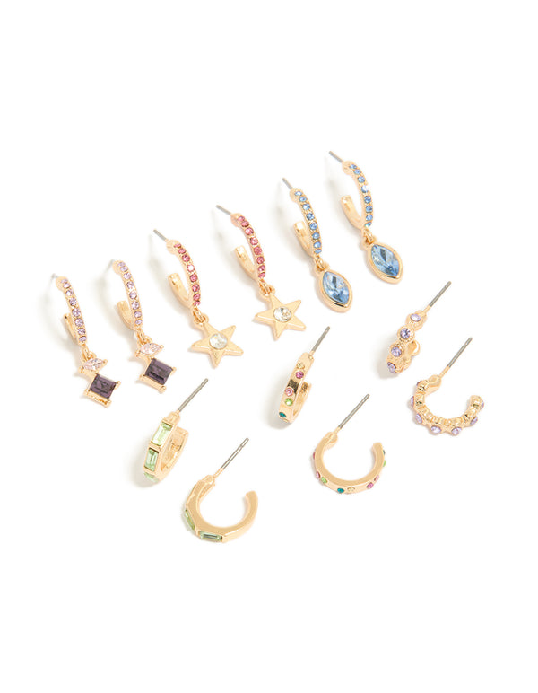 Showcasing gold multicoloured diamante hoop earrings featuring celestial star charms in a 6-pack front view