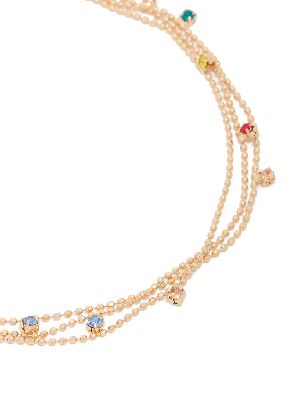 Showcasing a dainty gold multicoloured cubic zirconia droplet layered anklet with heart charms bracelet detail view