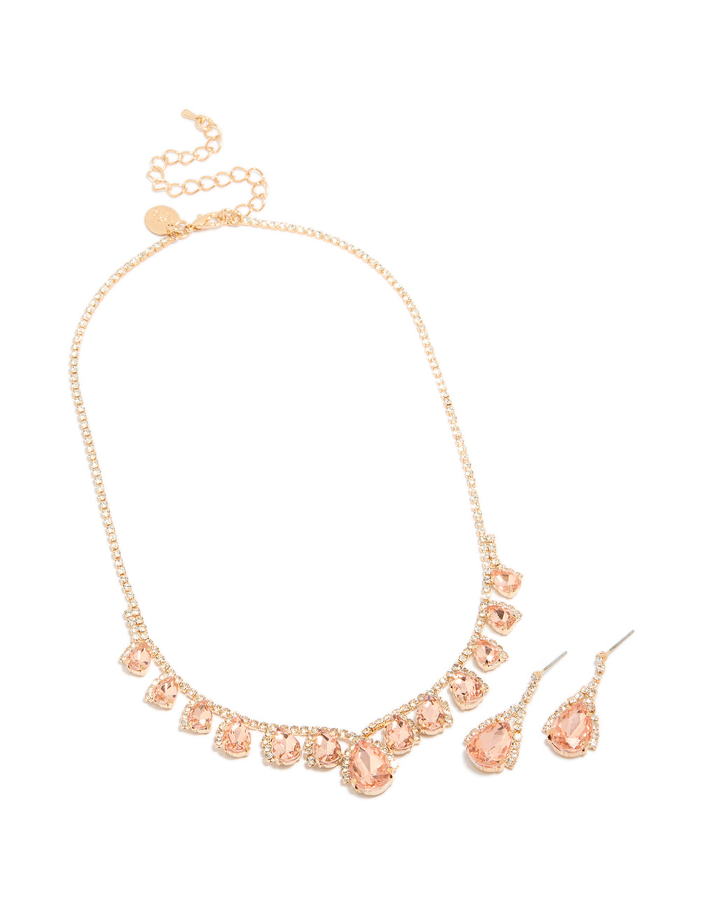 Gold Peach Diamante Necklace & Drop Earrings Set