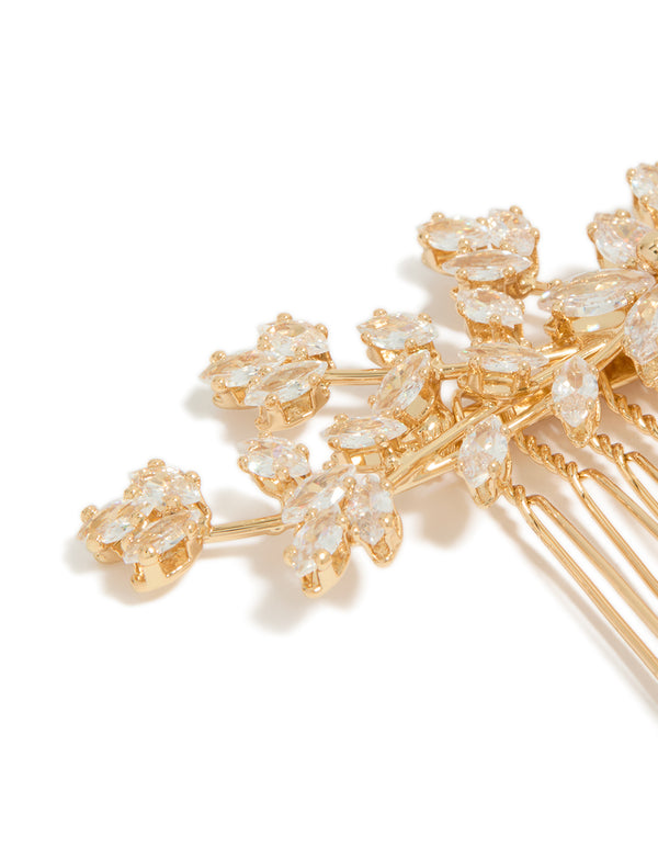 Elegantly designed Gold Dainty Petal Comb with floral and leaf accents detail view
