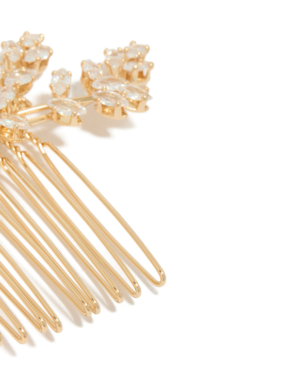 Elegantly designed Gold Dainty Petal Comb with floral and leaf accents detail view