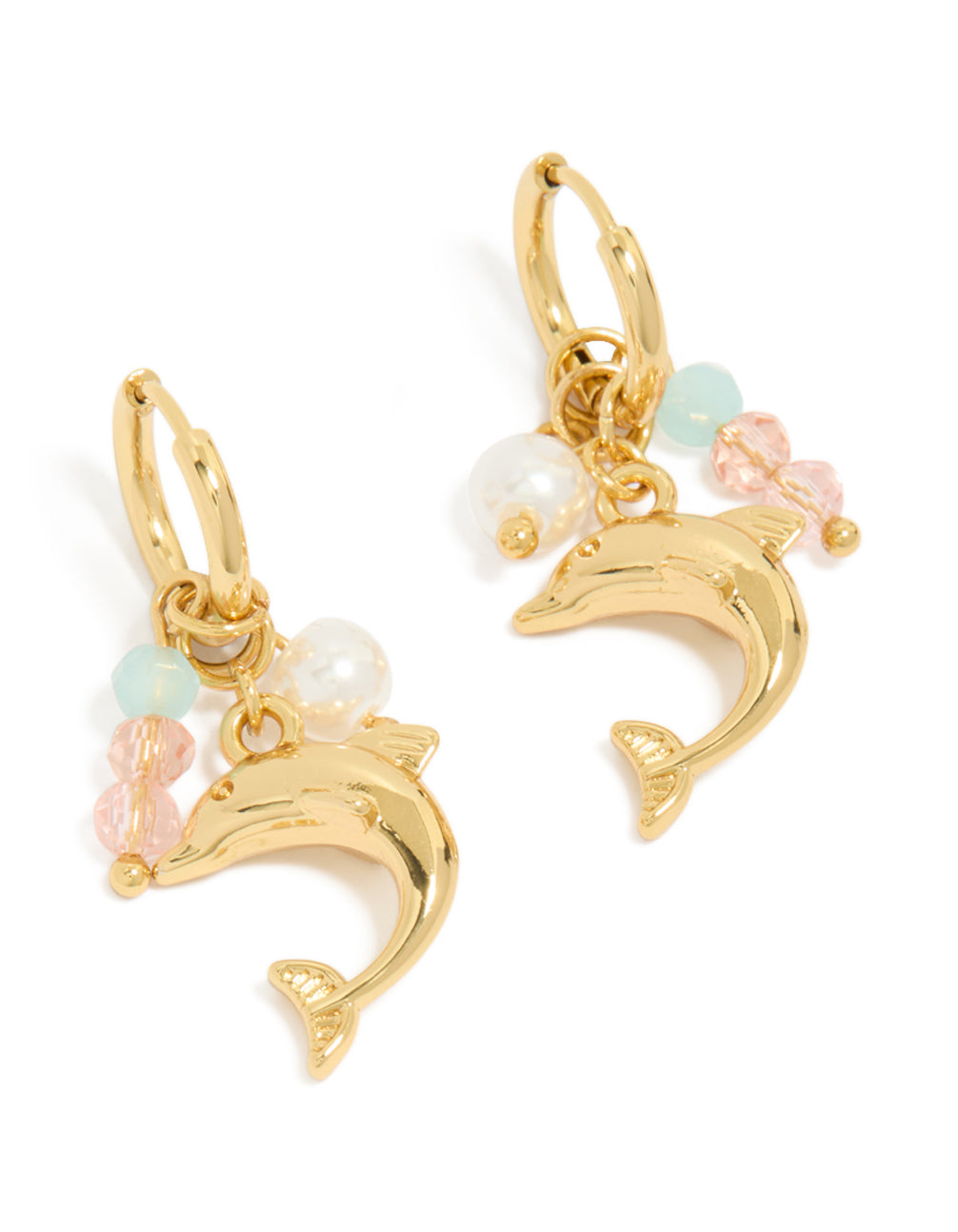 Showcasing waterproof gold plated stainless steel huggie earrings with dolphin charm, beads, pearl accents, and ocean-inspired design front view
