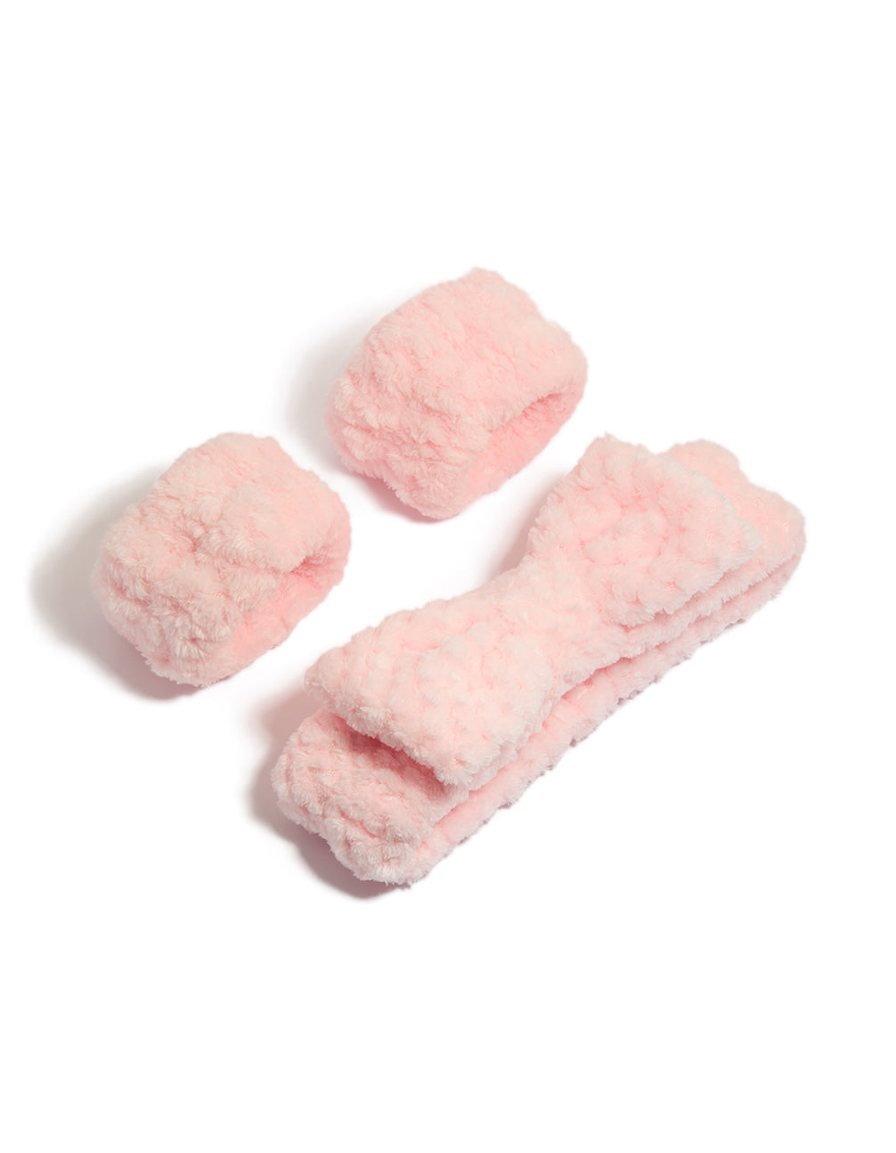 Light pink fluffy wristband and headband set in solid print front view