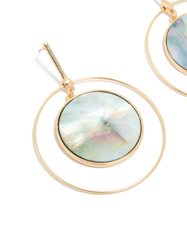 Showcasing the genuine shell disc drop earrings in gold with ocean-inspired iridescent detailing close up view
