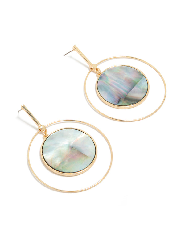 Crafted from genuine shell, these gold disc drop earrings feature ocean-inspired iridescent accents front view