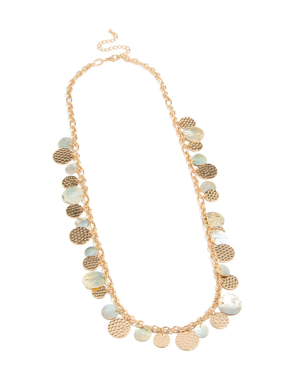 Crafted as a statement necklace with charm ocean elements featuring shell in gold front view