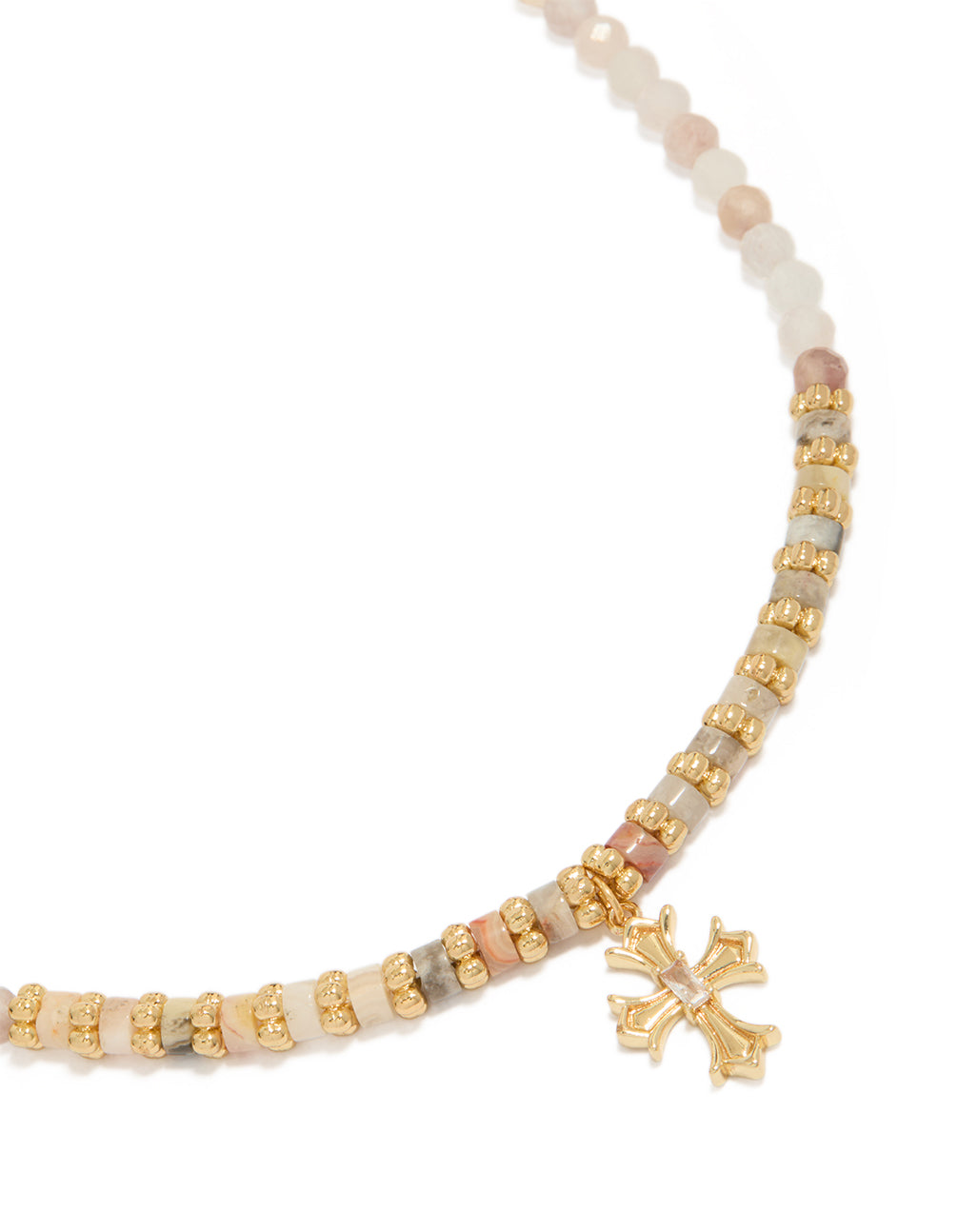Showcasing a gold plated semi precious stones beaded cross necklace close up view
