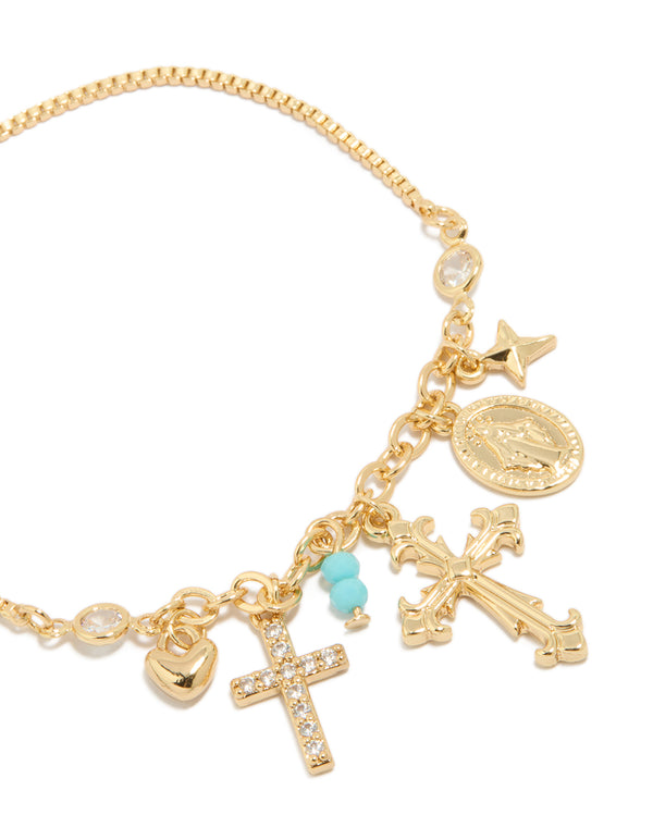 Gold Plated Cubic Zirconia Cross & Heart Charms Toggle Bracelet