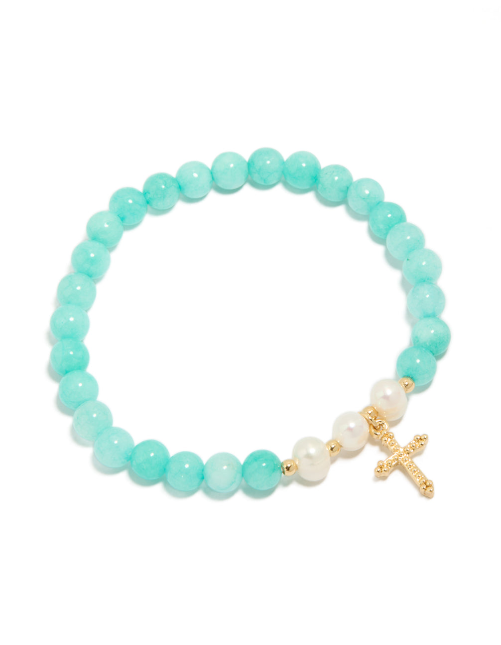 Beautifully crafted gold plated teal beaded and freshwater pearl cross stretch bracelet in turquoise and ivory front view
