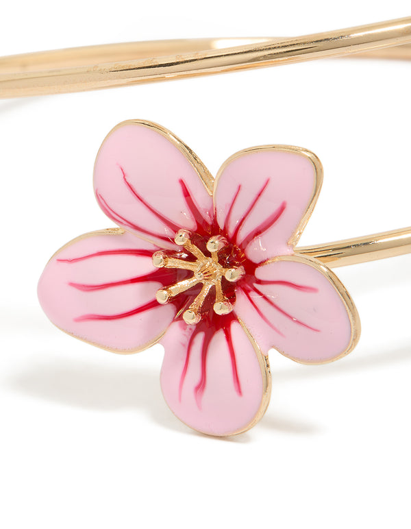 Gold Pink With Red Centre Enamel Flower Arm Cuff