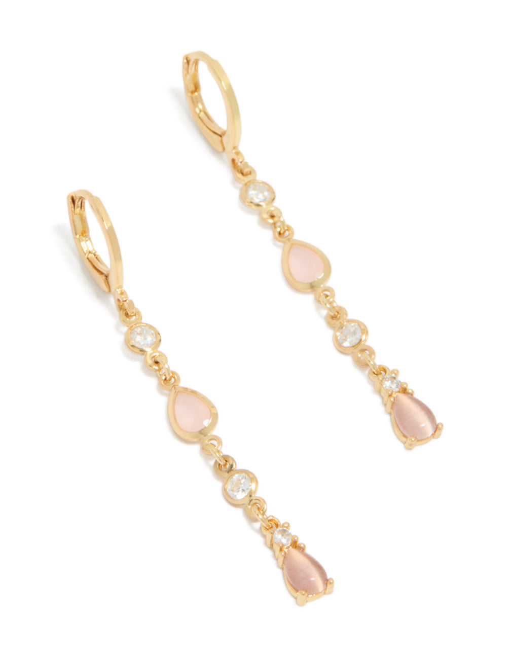 Showcasing gold plated cubic zirconia trio and pink catseye drop huggie earrings front view