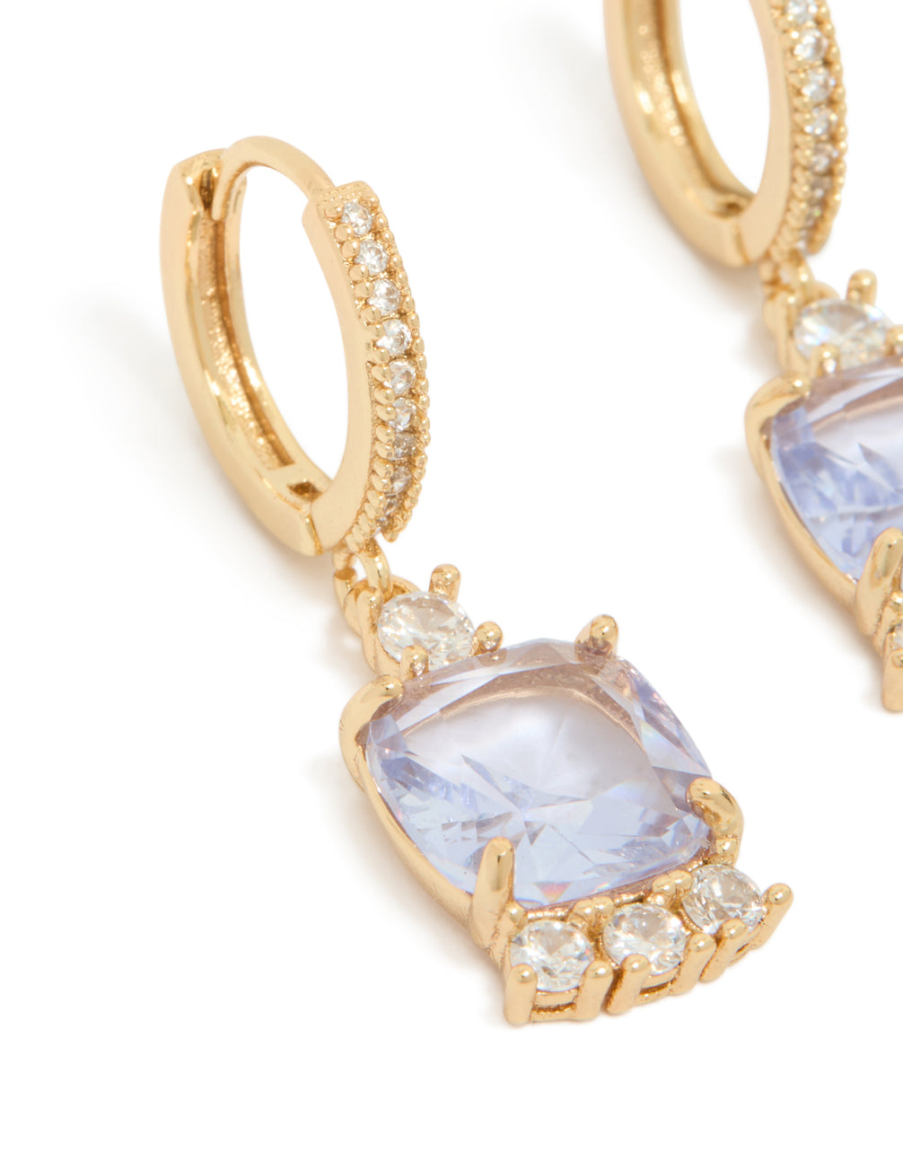 Crafted gold purple cubic zirconia square huggie earrings revealing lavender and clear stone setting in close up view