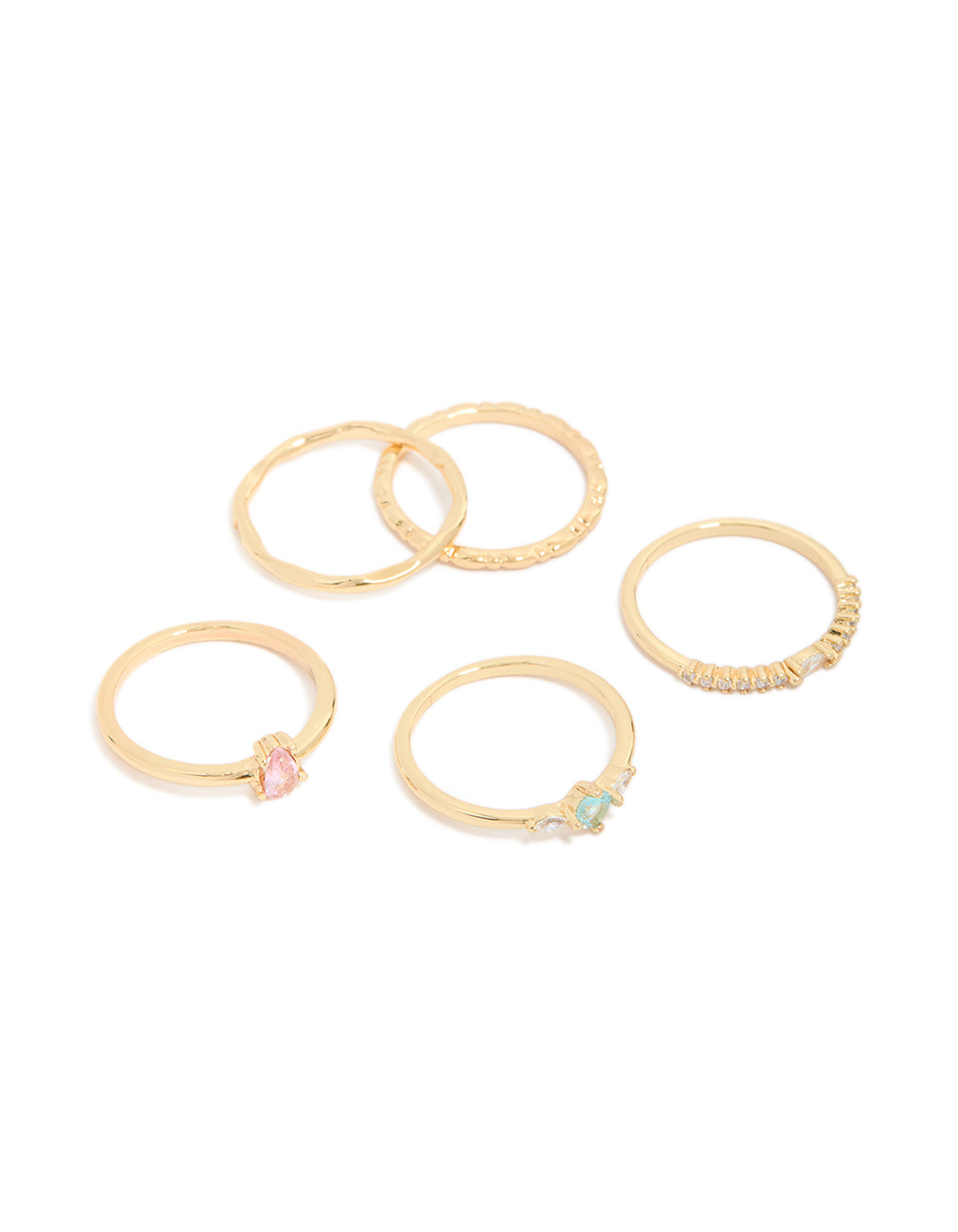 Showcasing a five-pack of gold plated rings featuring pink and blue cubic zirconia with oval and solitaire stone cuts front view