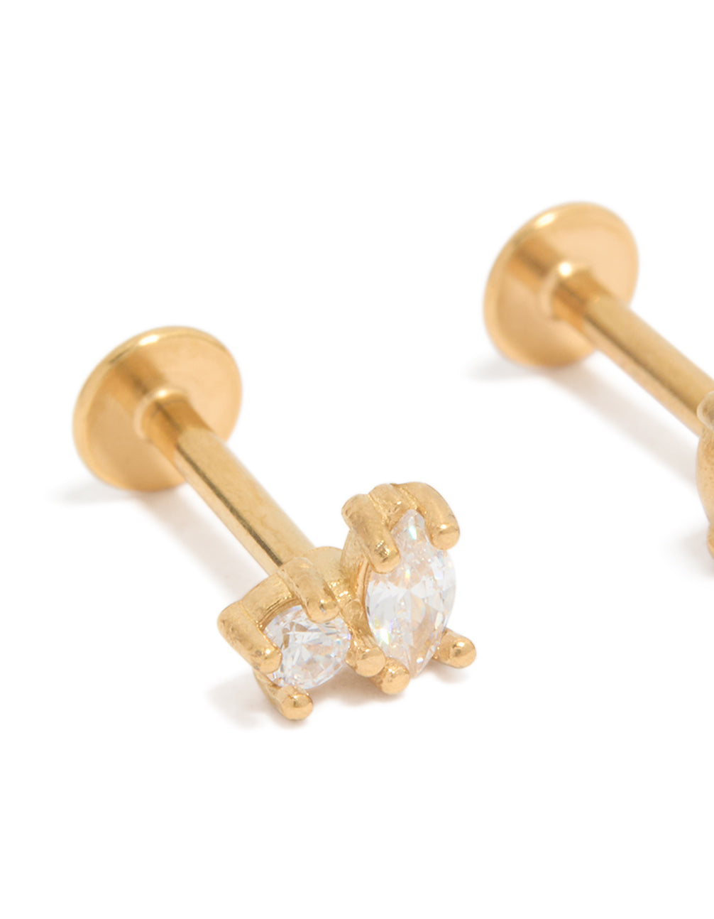 Designed with gold plated surgical steel, these oval and circle cubic cluster zirconia flat back studs showcase clear stones close up view