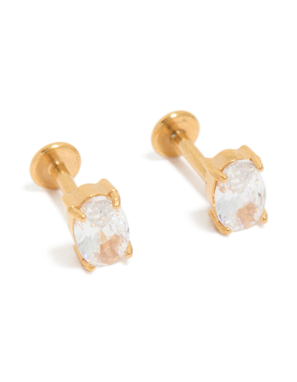 Crafted from surgical steel with oval cut cubic zirconia stones and flat back stud closure in gold and clear front view